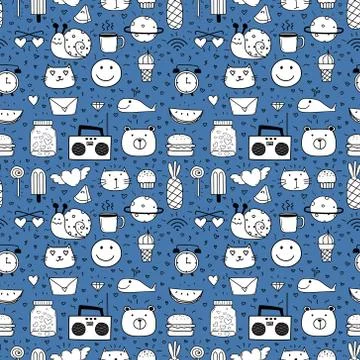 Doodle Cartoon Seamless Pattern Background For Kid. Vector illustration for f Stock Illustration