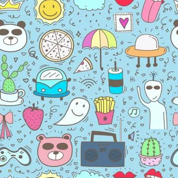 Doodle Cartoon Seamless Pattern Background For Kid. Vector illustration for f Stock Illustration