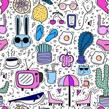 Doodle Cartoon Seamless Pattern Background For Kid. Vector illustration for f Stock Illustration