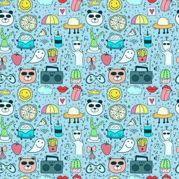 Doodle Cartoon Seamless Pattern Background For Kid. Vector illustration for f Stock Illustration
