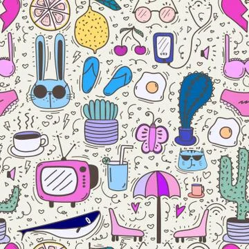 Doodle Cartoon Seamless Pattern Background For Kid. Vector illustration for f Stock Illustration