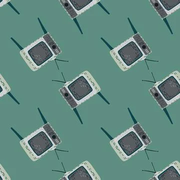 Doodle cartoon seamless pattern with grey retro tv print. Green background. M Stock Illustration