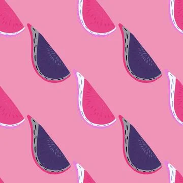 Doodle cartoon seamless pattern with pink and purple colored fig slices. Brig Illustrazione stock