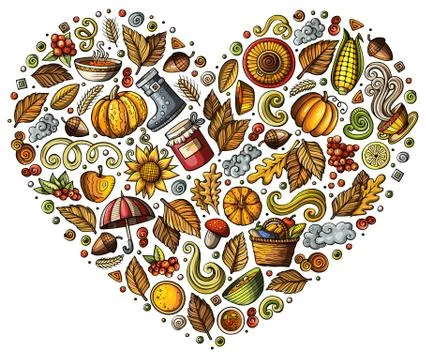 Doodle cartoon set of Autumn objects, symbols and items Illustrazione stock