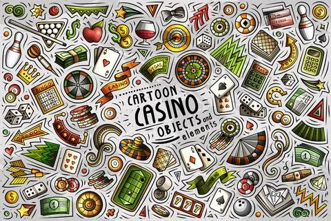Doodle cartoon set of Casino objects and symbols Stock Illustration