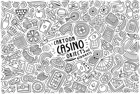 Doodle cartoon set of Casino objects and symbols Stock Illustration
