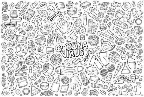 Doodle cartoon set of Coronavirus theme objects 库存插图
