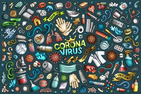 Doodle cartoon set of Coronavirus theme objects Illustrazione stock