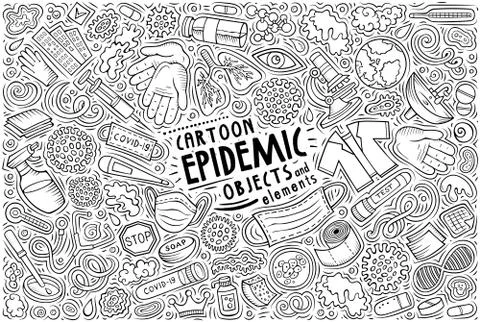 Doodle cartoon set of Epidemic theme objects 库存插图