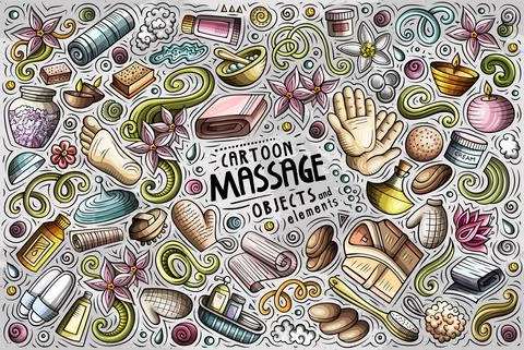 Doodle cartoon set of Massage objects and symbols Stock Illustration