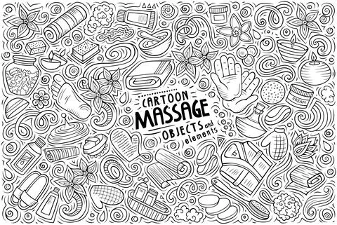 Doodle cartoon set of Massage objects and symbols Stock Illustration
