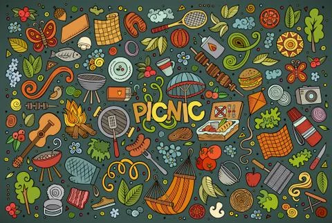 Doodle cartoon set of picnic objects Ilustração Stock