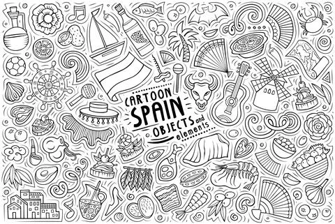 Doodle cartoon set of Spain objects and symbols Stock Illustration