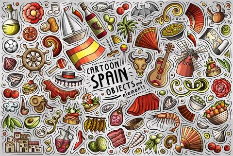 Doodle cartoon set of Spain objects and symbols イラスト素材