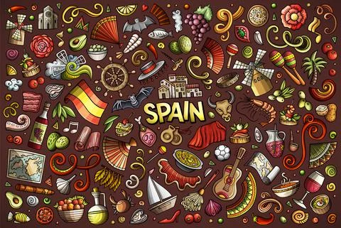 Doodle cartoon set of Spain objects and symbols Illustrazione stock