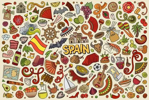 Doodle cartoon set of Spain objects and symbols Illustrazione stock
