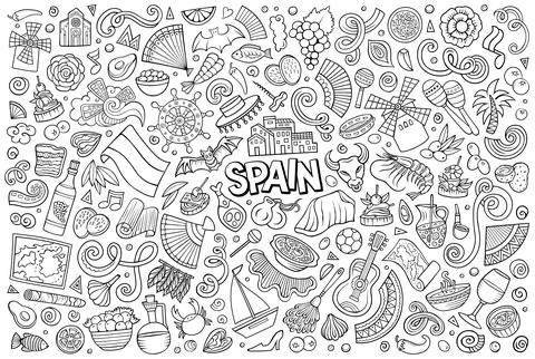Doodle cartoon set of Spain objects and symbols 스톡 일러스트