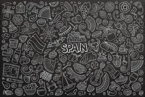 Doodle cartoon set of Spain objects and symbols Illustrazione stock