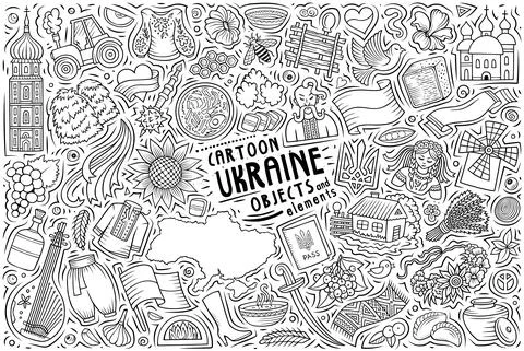 Doodle cartoon set of Ukraine objects and symbols Stock Illustration