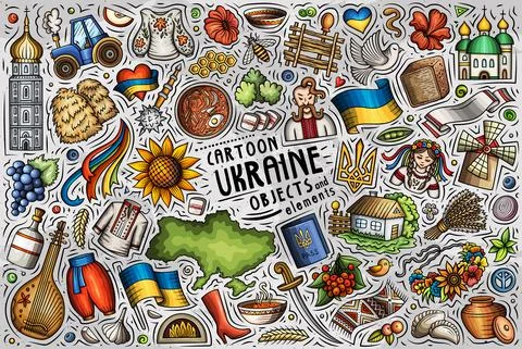 Doodle cartoon set of Ukraine objects and symbols Stock Illustration