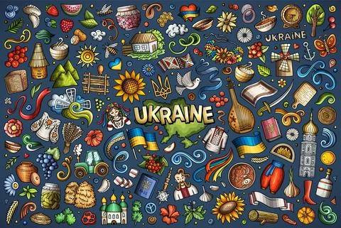 Doodle cartoon set of Ukraine objects and symbols 스톡 일러스트