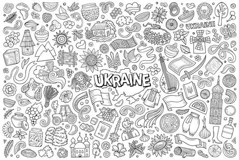 Doodle cartoon set of Ukraine objects and symbols Stock Illustration