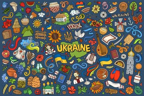 Doodle cartoon set of Ukraine objects and symbols Stockillustratie
