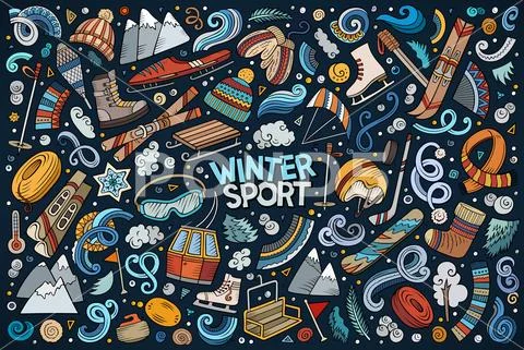 Doodle Cartoon Set Of Winter Sports Objects And Symbols