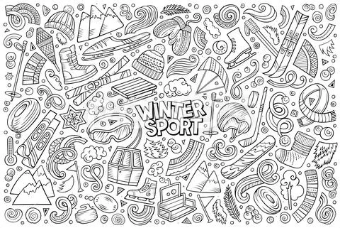 Doodle cartoon set of Winter sports objects and symbols Stock Illustration