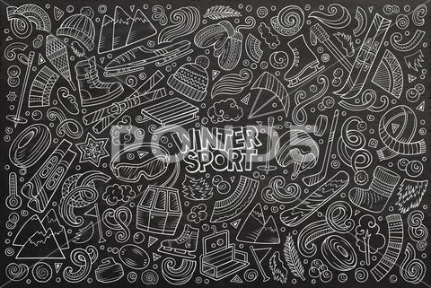 Doodle Cartoon Set Of Winter Sports Objects And Symbols