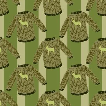 Doodle cartoon winter seamless pattern with sweater ornament. Green striped b Stock Illustration