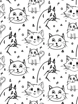 Doodle cats faces seamless pattern. Hand drawn funny cartoon style illustration Stock Illustration