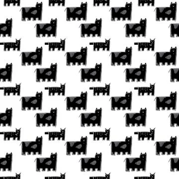 Doodle cats seamless pattern. Black and white cute background. Great for Stock Illustration