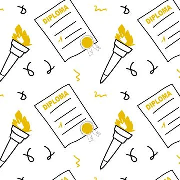 Doodle champion seamless pattern with diploma and torch Stock Illustration