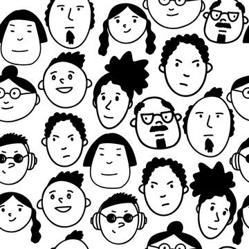 Doodle character faces hand drawn set. Funny people characters. Stock Illustration