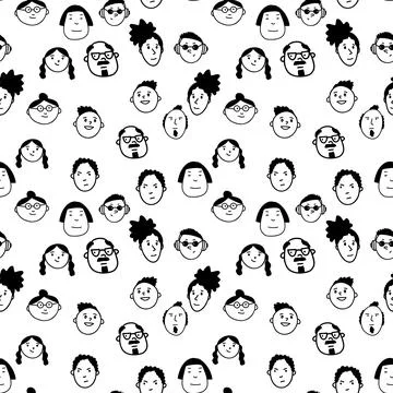 Doodle character faces hand drawn set. Funny people characters. Stock Illustration