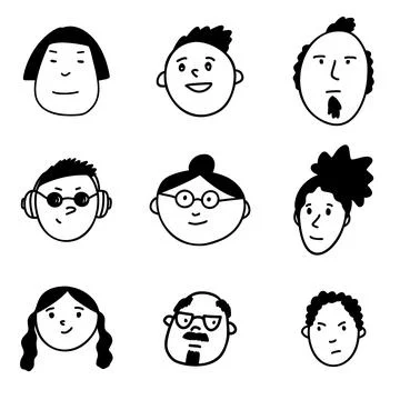 Doodle character faces hand drawn set. Funny people characters. Stock Illustration