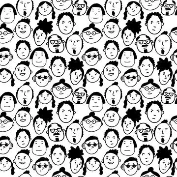 Doodle character faces hand drawn set. Funny people characters. Stock Illustration