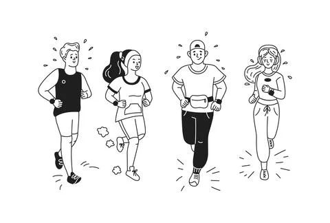 Doodle characters enjoy running linear icons collection Stock Illustration