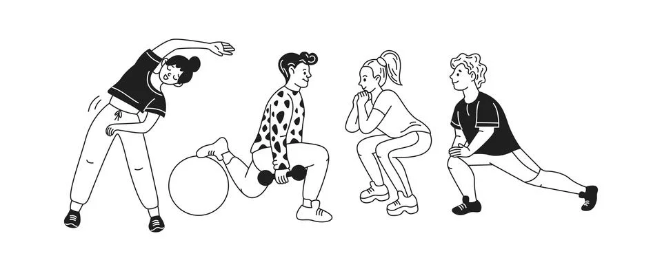 Doodle characters performing various exercises linear icons Stock Illustration