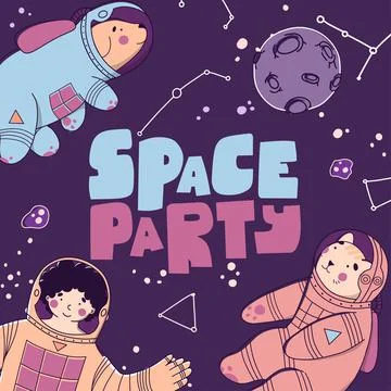 Doodle characters space party planet stars. Vector illustration design. Stock Illustration