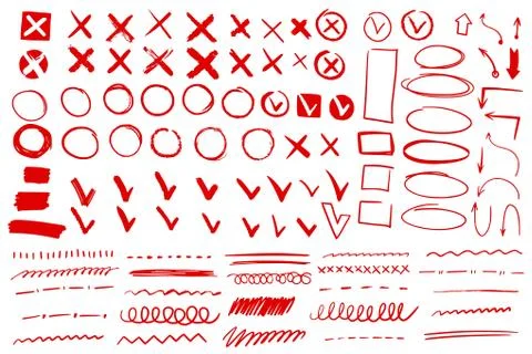Doodle check mark and underline. Hand drawn red check tick stroke. Cross, circle Stockillustratie