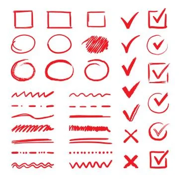 Doodle check marks and underlines. Hand drawn red strokes and pen V marks for Stockillustratie