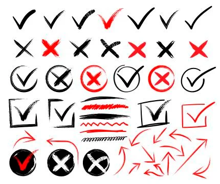 Doodle check marks and underlines. Hand drawn red strokes and pen markings V Stock Illustration