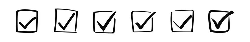 Doodle check marks in square check box. Brush stroke tick Stock Illustration