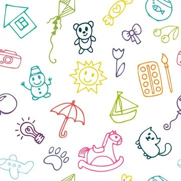 Doodle children drawing background. Seamless pattern for cute little girls .. Stock Illustration