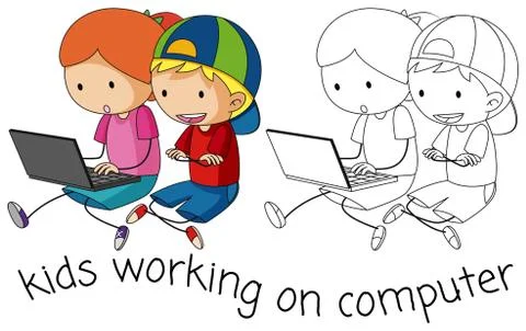 Doodle children working on computer Illustrazione stock