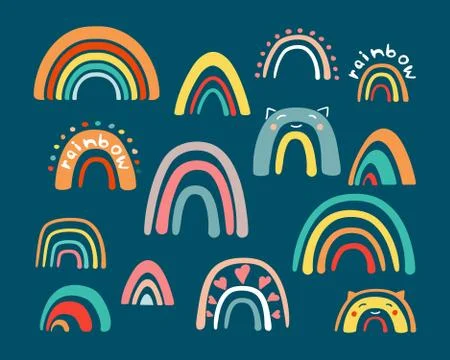 Doodle childrens rainbow set. Abstract colored half rings modern creative Stock Illustration
