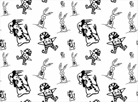 Doodle Christmas background. Pattern with snowmen, rabbit and star in funny p Stock Illustration