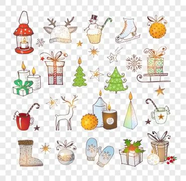 Doodle christmas element. Vector sketch illustration. Candles, gift boxes, po Illustrazione stock